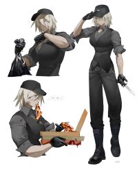 Rule 34 | 1girl, black footwear, black gloves, black headwear, blonde hair, blood, boots, breasts, collared shirt, combat boots, cross-laced footwear, dog (knifedragon), dress shirt, food, gloves, grey eyes, grey pants, grey shirt, grey vest, hat, highres, knife, knifedragon, lace-up boots, medium hair, multiple views, original, pants, pants tucked in, pizza, pizza box, pizza slice, scar, scar on arm, shirt, sleeves rolled up, trash bag, vest, white background