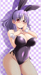 Rule 34 | 1girl, animal ears, breasts, checkered background, fake animal ears, fishnet pantyhose, fishnets, glasses, hand on own cheek, hand on own chest, hand on own face, large breasts, original, pantyhose, playboy bunny, purple eyes, purple hair, rabbit ears, red eyes, shadow, short hair, solo, tonpuu, wrist cuffs