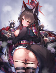 Rule 34 | 1girl, animal ears, anus, ass, back, black gloves, black hair, black kimono, black panties, black sailor collar, blue archive, blush, breasts, censored, colored inner hair, docozi, eyeliner, fingerless gloves, floral print, fox ears, fox girl, fox tail, gloves, hair ornament, halo, highres, japanese clothes, kimono, large breasts, long hair, long sleeves, looking at viewer, looking back, lying, makeup, miniskirt, multicolored hair, nipples, obi, on stomach, panties, red hair, sailor collar, sash, single thighhigh, skirt, solo, tail, thigh strap, thighhighs, thighs, underwear, variant set, wakamo (blue archive), white skirt, wide sleeves, yellow eyes