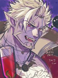 Rule 34 | 1boy, :d, beard, black jacket, colored skin, commentary request, cup, drink, drinking glass, facial hair, fangs, forehead, gilzaren iii, happy birthday, highres, jacket, large pectorals, looking at viewer, pectoral cleavage, male focus, nijisanji, open clothes, open jacket, open mouth, pectorals, pointy ears, purple background, purple skin, red eyes, smile, solo, upper body, virtual youtuber, white hair, yakisoba ohmori