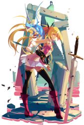 Rule 34 | 1girl, bare shoulders, black thighhighs, blonde hair, boots, detached sleeves, dragon, fingerless gloves, gloves, grin, highres, knife, kukri, leaf, looking back, official art, ponytail, see-through silhouette, single glove, single sleeve, skirt, smile, solo, stairs, sword, thighhighs, toki to eien toki towa, torn clothes, torn gloves, torn skirt, torn thighhighs, towa (tokitowa), vofan, weapon, white gloves, wings, yellow eyes