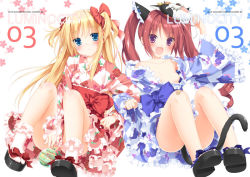 Rule 34 | 2girls, :&lt;, :d, bandaid, bandaid on knee, bandaid on leg, blonde hair, blue eyes, blush, bow, breasts, cat tail, cover, cover page, fang, female focus, geta, hair bow, hazuki watora, kani biimu, lolita fashion, long hair, looking at viewer, mask, multiple girls, open mouth, original, purple eyes, red hair, sandals, shimotsuki potofu, simple background, small breasts, smile, tabi, tail, twintails, two side up, wa lolita, white background