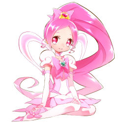 Rule 34 | 10s, 1girl, arm warmers, boots, bow, brooch, choker, cure blossom, cure blossom (super silhouette), detached sleeves, dress, full body, hair ornament, hair ribbon, hanasaki tsubomi, happy, heart, heart brooch, heartcatch precure!, high heel boots, high heels, highres, jewelry, long hair, looking at viewer, magical girl, pink bow, pink dress, pink eyes, pink hair, pink skirt, ponytail, precure, ribbon, simple background, sitting, skirt, smile, solo, very long hair, white background, wrist cuffs, yui (kanatamoo)