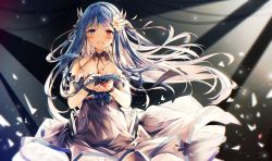 Rule 34 | 1girl, alternate costume, azur lane, backlighting, bare shoulders, black background, blue eyes, blue hair, blush, breasts, cleavage, collarbone, commentary, dress, english commentary, evening gown, heaven&#039;s melody, heterochromia, highres, holding, holding petal, horns, ibuki (azur lane), large breasts, long hair, looking at viewer, open mouth, petals, red eyes, sleeveless, sleeveless dress, smile, solo, standing, upper body, wrist cuffs