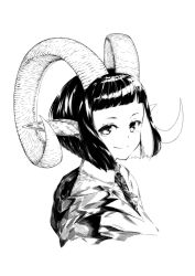 Rule 34 | 1girl, animal ears, blunt bangs, closed mouth, collared shirt, commentary request, curled horns, goat ears, goat horns, greyscale, horns, jaco, looking at viewer, monochrome, necktie, original, shirt, short hair, simple background, smile, solo, upper body, white background, wing collar