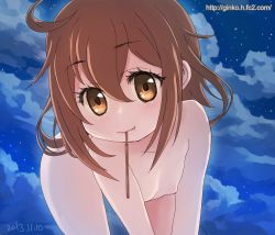 Rule 34 | 10s, 1girl, bad id, bad pixiv id, brown eyes, brown hair, cloud, flat chest, food, ginko (silver fox), ikazuchi (kancolle), kantai collection, looking at viewer, nipples, nude, personification, petite, pocky, sky, solo