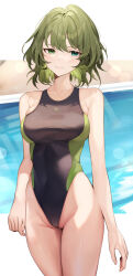 Rule 34 | 1girl, blush, breasts, cameltoe, collarbone, competition swimsuit, cowboy shot, green eyes, groin, heterochromia, highres, idolmaster, idolmaster cinderella girls, koyo akio, large breasts, letterboxed, looking at viewer, mole, mole under eye, one-piece swimsuit, poolside, skindentation, smile, solo, swimsuit, takagaki kaede