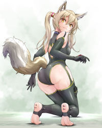 Rule 34 | 1girl, :3, animal ears, ass, back cutout, black gloves, black leotard, black thighhighs, blonde hair, blush, closed mouth, clothing cutout, elbow gloves, fox ears, fox tail, full body, gloves, highres, kneeling, leotard, long hair, looking at viewer, looking back, original, shirosai nekocha, smile, soles, solo, tail, thighhighs, twintails, yellow eyes
