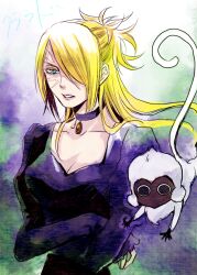 1girl animal blonde_hair blue_eyes breasts burn_scar choker cleavage collarbone crossed_arms d.gray-man hair_over_one_eye jewelry klaud_nine lau_shimin long_hair long_sleeves mature_female monkey n_ptm necklace one-hour_drawing_challenge pet purple_choker purple_shirt scar scar_on_face shirt