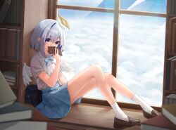 1girl above_clouds alternate_costume amane_kanata angel_wings blue_bow blue_bowtie blue_hair blue_skirt blue_sky bob_cut book book_stack bow bowtie brown_footwear cloud collared_shirt colored_inner_hair commentary covering_own_mouth day feathered_wings full_body grey_hair halo highres holding holding_book hololive indoors knees_up loafers long_legs looking_at_viewer mini_wings miniskirt multicolored_hair pink_hair plaid_clothes plaid_skirt pleated_skirt purple_eyes shhhh7 shirt shirt_tucked_in shoes short_hair short_sleeves single_hair_intake sitting skirt sky socks star_halo streaked_hair virtual_youtuber white_shirt white_socks white_wings windowsill wings