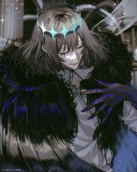 Rule 34 | 1boy, absurdres, arthropod boy, blood, blue blood, cape, collared shirt, crown, diamond hairband, dragonfly wings, fate/grand order, fate (series), fur-trimmed cape, fur trim, grey hair, highres, insect wings, long sleeves, maidhao, male focus, medium hair, oberon (fate), oberon (third ascension) (fate), shirt, signature, smile, solo, upper body, white shirt, wings