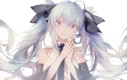 Rule 34 | 1girl, ahoge, aqua hair, black necktie, black ribbon, commentary, detached sleeves, edel (qi--yu), floating hair, grey eyes, hair between eyes, hair ribbon, hatsune miku, head tilt, light smile, long hair, long sleeves, looking at viewer, necktie, own hands together, parted lips, ribbon, simple background, solo, star-shaped pupils, star (symbol), symbol-only commentary, symbol-shaped pupils, twintails, upper body, very long hair, vocaloid, white background, wing collar