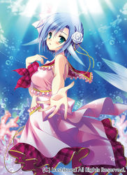 Rule 34 | 1girl, blue hair, blush, bow, bowtie, bubble, cardfight!! vanguard, company name, coral, fins, flower, green eyes, hair flower, hair ornament, head fins, mermaid, midriff, monster girl, official art, prism-image clear, sailor collar, tanihara natsuki, underwater