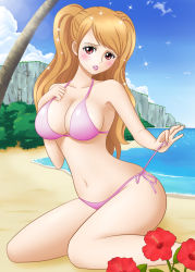 Rule 34 | 1girl, beach, bikini, blush, breasts, brown eyes, brown hair, charlotte pudding, cleavage, cliff, collarbone, commentary request, day, eyelashes, flower, hair over one eye, highres, himumu (cyah7528), kneeling, large breasts, lipstick, long hair, looking at viewer, makeup, navel, ocean, one piece, palm tree, pink bikini, pink lips, side-tie bikini bottom, solo, sparkle, swimsuit, tree, untying