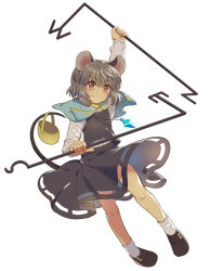 Rule 34 | 1girl, alternate eye color, animal ears, basket, black footwear, blue capelet, blush, brown eyes, capelet, closed eyes, closed mouth, commentary request, crystal, dowsing rod, flat chest, full body, grey hair, grey skirt, grey vest, highres, holding, jewelry, layered clothes, long sleeves, mouse (animal), mouse ears, mouse girl, mouse tail, nayozane (worker7), nazrin, pendant, shirt, shoes, short hair, simple background, skirt, skirt set, smile, socks, solo, tail, touhou, vest, white background, white shirt, white socks
