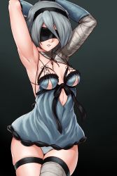 Rule 34 | 1girl, armpits, arms behind head, arms up, black background, blindfold, breasts, cleavage, cosplay, cowboy shot, cropped jacket, finalcake, hairband, highres, hip focus, kaine (nier), kaine (nier) (cosplay), leotard, medium breasts, mole, mole under mouth, nier (series), nier:automata, parted lips, short hair, silver hair, simple background, single thighhigh, solo, thighhighs, thighs, upper body, white leotard, 2b (nier:automata)