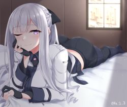 Rule 34 | 1girl, ak-12 (girls&#039; frontline), bad id, bad pixiv id, bed, bed sheet, black gloves, blush, braid, fingerless gloves, french braid, girls&#039; frontline, gloves, hair ribbon, head rest, highres, ibuki grunt, jewelry, long hair, looking at viewer, lying, on bed, on stomach, one eye closed, pink eyes, ribbon, ring, sheet grab, silver hair, smile, solo, wedding band