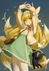 Rule 34 | 1girl, absurdres, animal ears, arknights, arms up, bag, black cat, blonde hair, blue hairband, brown cardigan, brown shirt, cardigan, cat, closed mouth, commentary request, cowboy shot, fox ears, fox tail, frilled hairband, frills, green eyes, green skirt, hairband, heixiu, highres, kitsune, long hair, long sleeves, looking at viewer, luo xiaohei, multiple tails, neck ribbon, on head, open cardigan, open clothes, pantyhose, red ribbon, ribbon, shirt, shoulder bag, skirt, smile, stretching, suzuran (arknights), suzuran (spring praise) (arknights), tail, luo xiaohei zhanji, white pantyhose, zhoi star