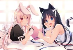 Rule 34 | 2girls, :d, animal ears, apron, bare arms, bare shoulders, black dress, black hair, blue eyes, blush, cat ears, cat girl, cat tail, closed mouth, commentary request, day, dress, fang, hair between eyes, heart, long hair, looking at viewer, looking to the side, lying, maid, maid apron, maid headdress, motomiya mitsuki, multiple girls, on stomach, open mouth, original, pink hair, puffy short sleeves, puffy sleeves, rabbit ears, red eyes, short sleeves, sleeveless, sleeveless dress, smile, sunlight, tail, very long hair, white apron, white dress, window, wrist cuffs