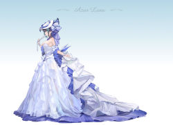 Rule 34 | 1girl, aqua eyes, aqua hair, azur lane, bare shoulders, blue background, breasts, cheshire (azur lane), cheshire (the cat and the white steed) (azur lane), cleavage, detached sleeves, dress, folding fan, from side, full body, gradient background, hand fan, highres, holding, holding fan, long dress, long hair, multicolored hair, official alternate costume, official art, purple hair, simple background, strapless, strapless dress, streaked hair, two-tone hair, white background, white dress, white headwear, yyy (zelda10010)