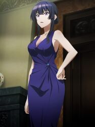 Rule 34 | 1girl, absurdres, anime screenshot, black hair, blue dress, breasts, cleavage, dress, highres, large breasts, purple eyes, solo, spy kyoushitsu, stitched, thea (spy kyoushitsu), third-party edit