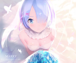 Rule 34 | 10s, 1girl, alternate hairstyle, artist name, bad id, bad pixiv id, blue eyes, blue flower, blue hair, blush, bouquet, breasts, bridal veil, bug, butterfly, clare (543), cleavage, closed mouth, confetti, detached collar, dress, flower, from above, hair ornament, hair over one eye, hair ribbon, happy, highres, insect, looking at viewer, matching hair/eyes, medium breasts, one eye covered, pink ribbon, re:zero kara hajimeru isekai seikatsu, rem (re:zero), ribbon, shade, shiny skin, short hair, silhouette, smile, solo, strapless, strapless dress, upper body, veil, wedding dress, white dress, x hair ornament