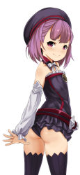 Rule 34 | 1girl, ass, asymmetrical bangs, bare shoulders, belt, beret, black hat, black panties, black thighhighs, closed mouth, cowboy shot, detached sleeves, fate (series), frills, from behind, hat, helena blavatsky (fate), kirieppa, looking at viewer, looking back, panties, purple eyes, purple hair, short hair, simple background, smile, solo, strapless, thighhighs, thighs, underwear, white background