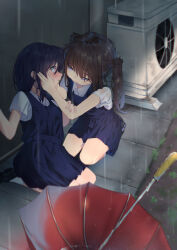 Rule 34 | 2girls, 3 tree, absurdres, black footwear, blue hair, blush, brown hair, commentary, condenser unit, dark blue hair, dress, hand on another&#039;s arm, hands on another&#039;s face, highres, imminent kiss, long hair, looking at another, multiple girls, original, pinafore dress, purple eyes, rain, red eyes, red umbrella, school uniform, short hair, sidelocks, sleeveless, sleeveless dress, socks, summer uniform, twintails, umbrella, white socks, yuri