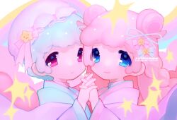 Rule 34 | 1boy, 1girl, artist name, blue eyes, blue hair, blue ribbon, bonnet, bow, brother and sister, closed mouth, double bun, hair bow, hair bun, hair ribbon, highres, holding hands, kiki (little twin stars), lala (little twin stars), little twin stars, long hair, looking at viewer, pink eyes, pink hair, ribbon, rinihimme, sanrio, short hair, siblings, smile, star (symbol), twins, watermark, white bonnet, white bow, yume kawaii