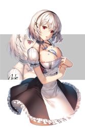 Rule 34 | 1girl, aile (crossroads), apron, azur lane, between breasts, blush, breasts, choker, cleavage, collarbone, dress, hair between eyes, heart, high heels, large breasts, looking at viewer, maid, maid apron, maid headdress, multiple views, open mouth, puffy sleeves, red eyes, short hair, short sleeves, sirius (azur lane), thighhighs, thighs, white dress, white hair, white thighhighs
