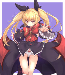 Rule 34 | 1girl, arc system works, bat wings, black dress, black footwear, black umbrella, blazblue, blonde hair, blunt bangs, border, bow, bow panties, covered mouth, cross, dress, floating, floating hair, frilled dress, frills, hair ribbon, high collar, highres, long hair, outstretched arm, panties, purple background, rabittofaa, rachel alucard, red bow, red eyes, ribbon, ripples, simple background, solo, twintails, umbrella, underwear, vampire, white border, white panties, wide sleeves, wings