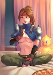 Rule 34 | 1girl, armor, bed, blush, breasts, brown eyes, brown hair, chocobo, clothes lift, curtains, final fantasy, final fantasy vii, final fantasy vii remake, fingerless gloves, food, gloves, headband, highres, indian style, jessie rasberry, looking to the side, navel, no bra, open mouth, pizza, ponytail, red headband, seed01010, shirt lift, shoulder armor, sitting, solo, stuffed toy, tongue, tongue out, underboob, window