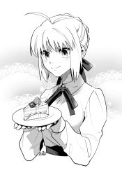 1girl ahoge artoria_pendragon_(fate) blush cake fate/stay_night fate_(series) food fruit greyscale hair_ribbon holding holding_plate monochrome nishiyama_(whatsoy) plate ribbon saber_(fate) smile solo strawberry