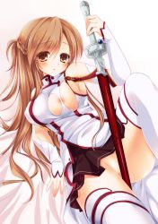 Rule 34 | 10s, 1girl, asuna (sao), blush, breasts, brown eyes, brown hair, detached sleeves, holding, looking at viewer, lying, nipple slip, nipples, no panties, rinka (yuyutei), skirt, solo, sword, sword art online, thighhighs, torn clothes, weapon, white thighhighs