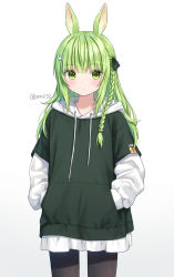 Rule 34 | 1girl, animal ear fluff, animal ears, anz32, black pantyhose, braid, closed mouth, commentary request, drawstring, gradient background, green eyes, green hair, green hoodie, grey background, hair ornament, hands in pocket, hood, hood down, hoodie, layered sleeves, long hair, long sleeves, looking at viewer, original, pantyhose, puffy long sleeves, puffy sleeves, rabbit ears, rabbit hair ornament, short over long sleeves, short sleeves, single braid, solo, standing, twitter username, white background