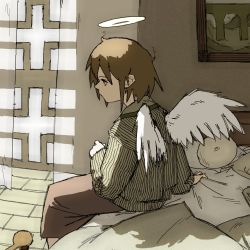 Rule 34 | 1girl, angel wings, bed, bed sheet, brown hair, brown skirt, curtains, feathered wings, haibane renmei, halo, highres, looking to the side, on bed, pantsu-ripper, pillow, rakka (haibane), sheet grab, shirt, short hair, sitting, skirt, solo, static cling, striped clothes, striped shirt, window, wings