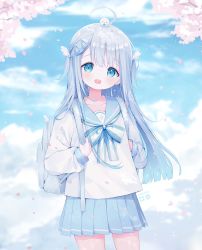Rule 34 | 1girl, :d, ahoge, amatsuka uto, backpack, bag, blue eyes, blue sailor collar, blue skirt, blue sky, blush, bow, cloud, cloudy sky, commentary, day, deyui, english commentary, hair ornament, hairclip, highres, holding strap, indie virtual youtuber, long hair, long sleeves, looking at viewer, open mouth, outdoors, petals, pleated skirt, puffy long sleeves, puffy sleeves, sailor collar, school uniform, serafuku, shirt, silver hair, skirt, sky, sleeves past wrists, smile, solo, striped, striped bow, teeth, two side up, upper teeth only, very long hair, virtual youtuber, white shirt, wing hair ornament