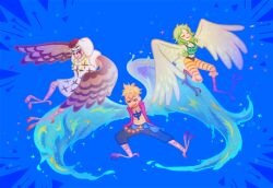 1girl 2boys alternate_form anchor_tattoo blonde_hair blue_background blue_sash blue_wings chest_tattoo closed_eyes commentary english_commentary green_hair harpy_boy headscarf long_hair marco_(one_piece) monet_(one_piece) monster_boy multiple_boys open_clothes open_shirt pell pikaole purple_shirt sash shirt short_hair smirk tattoo wings