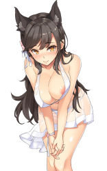 Rule 34 | 1girl, animal ears, atago (azur lane), atago (summer march) (azur lane), azur lane, bikini, black hair, blush, breasts, cleavage, closed mouth, commentary request, dog ears, embarrassed, halterneck, highres, interlocked fingers, kurenai hanpen, large breasts, leaning forward, legs together, long hair, looking at viewer, mole, mole under eye, navel, nipple slip, nipples, own hands together, parted bangs, ribbon, see-through, simple background, skindentation, skirt, solo, standing, swimsuit, very long hair, white background, white bikini, white ribbon, white skirt, yellow eyes