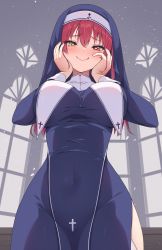 Rule 34 | 1girl, :q, absurdres, alternate costume, blue dress, breasts, closed mouth, covered navel, dress, from below, habit, hands on own cheeks, hands on own face, heterochromia, highres, hololive, houshou marine, houshou marine (nun), iroha (unyun), large breasts, licking lips, nun, raised eyebrows, red eyes, red hair, saliva, side slit, smile, solo, taut clothes, taut dress, tongue, tongue out, virtual youtuber, yellow eyes