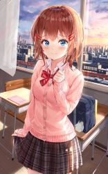 Rule 34 | 1girl, absurdres, bag, blue eyes, blush, bow, bowtie, brown skirt, building, cardigan, chair, city, cityscape, classroom, closed mouth, cloud, collared shirt, curtains, dress shirt, hair ornament, hairclip, hand up, highres, indoors, long sleeves, looking at viewer, na kyo, original, pink cardigan, plaid, plaid skirt, pleated skirt, red bow, red bowtie, red hair, school bag, school uniform, shirt, short hair, skirt, sky, smile, solo, standing, sunset, table, white shirt, window