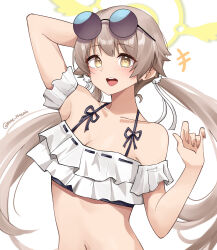 Rule 34 | 1girl, :d, arm behind head, armpits, bikini, blue archive, brown hair, commentary, detached sleeves, eyewear on head, frilled bikini, frills, halo, hifumi (blue archive), hifumi (swimsuit) (blue archive), highres, long hair, looking at viewer, low twintails, navel, official alternate costume, open mouth, pinepin, short sleeves, sidelocks, simple background, smile, solo, spaghetti strap, stomach, sunglasses, swimsuit, twintails, white background, wing hair ornament, yellow eyes