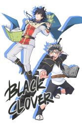 Rule 34 | 1girl, 2boys, asta (black clover), belt, black cloak, black clover, black hair, book, boots, cape, cloak, fairy, full body, fur trim, green eyes, grimoire, headband, highres, long sleeves, looking afar, looking at viewer, looking to the side, multiple boys, open mouth, silver hair, sword, sylph (black clover), teeth, tongue, tyxkdntm, weapon, white background, yellow cloak, yellow eyes, yuno (black clover)