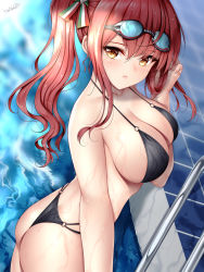 Rule 34 | 1girl, azur lane, bare shoulders, bikini, black bikini, blush, breasts, butt crack, cleavage, closed mouth, commentary, cowboy shot, dutch angle, english commentary, goggles, goggles on head, highleg, highleg bikini, highres, italian flag, large breasts, long hair, looking at viewer, multi-strapped bikini, o-ring, o-ring bikini, open mouth, pool ladder, poolside, red hair, side ponytail, solo, string bikini, swimsuit, tile floor, tiles, water, wsman, yellow eyes, zara (azur lane), zara (poolside coincidence) (azur lane)