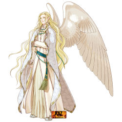 Rule 34 | 1boy, blonde hair, feathered wings, feathers, fire emblem, fire emblem: radiant dawn, green eyes, highres, kita senri, long hair, male focus, nintendo, official art, pointy ears, rafiel, simple background, solo, very long hair, watermark, white background, wings