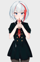 Rule 34 | 1girl, admiral graf spee (azur lane), admiral graf spee (girl&#039;s sunday) (azur lane), azur lane, black dress, blue eyes, blunt bangs, bubble tea, cup, disposable cup, dress, drink, drinking, drinking straw, highres, holding, holding cup, multicolored hair, necktie, pantyhose, red hair, short hair, sidelocks, silver hair, solo, streaked hair, xochi (nueeen6978)