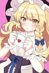 Rule 34 | 1girl, blonde hair, blush, braid, closed mouth, commentary, dated commentary, envelope, frilled hat, frills, hashtag-only commentary, hat, highres, holding, holding envelope, kirisame marisa, letter, long hair, looking at viewer, love letter, marisa day, otama mimi, pink background, short sleeves, side braid, simple background, single braid, solo, sweatdrop, tearing up, touhou, upper body, wrist cuffs, yellow eyes