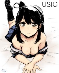 Rule 34 | 10s, 1girl, artist name, bare shoulders, black eyes, black hair, blush, breasts, character name, cleavage, collarbone, downblouse, female focus, foreshortening, kantai collection, kneehighs, kunreishiki, large breasts, light smile, long hair, looking at viewer, lying, off shoulder, on bed, on stomach, romaji text, signature, sketch, smile, socks, solo, suzuya kirie, ushio (kancolle)