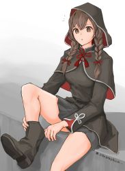 Rule 34 | 1girl, absurdres, adjusting footwear, black skirt, boots, braid, breasts, brown eyes, brown footwear, brown hair, capelet, hair ribbon, highres, hood, hood up, hooded capelet, kantai collection, lithographica, long hair, long sleeves, notice lines, open mouth, ribbon, shinshuu maru (kancolle), simple background, sitting, skirt, solo, twin braids, twitter username
