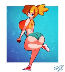 Rule 34 | 1girl, ass, blue eyes, breasts, creatures (company), covered erect nipples, game freak, huge breasts, looking back, misty (pokemon), nintendo, orange hair, pokemon, ponytail, shoes, sneakers, solo, suspenders, tiger1001